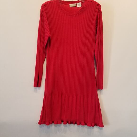 Red Knit Dress Vintage 90s Stretch Long Sleeve Round Neck Petites Women's Size L - Picture 2 of 12